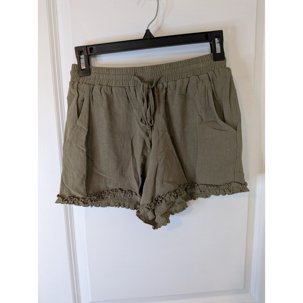 Mittoshop Olive Green Ruffle Hem Elastic Waist Shorts Small Textured Boho Lounge
